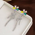Pink and Multicolor Flower Stud Earrings Crystal Bow Drops view 7