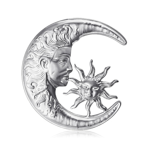 The second image presents an alternate display of the crescent moon and sun brooch.