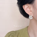 Gold Tone Clear Stone Top White Flower Cluster And Pearl Stud Earrings view 2