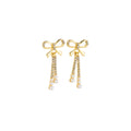 Gold Bow Triple Chain Pearl Look Long Stud Earrings view 5