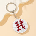 White Beaded Baseball Stitch Round Keychain With Red Accents view 4