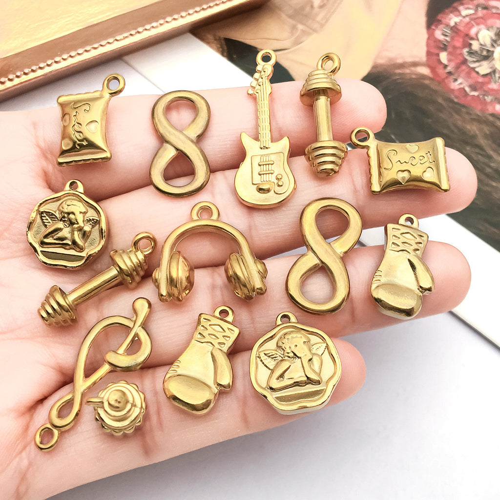 Gold Plated Stainless Steel Angel Dumbbell Music Note Guitar Charm Pendant for DIY Jewelry