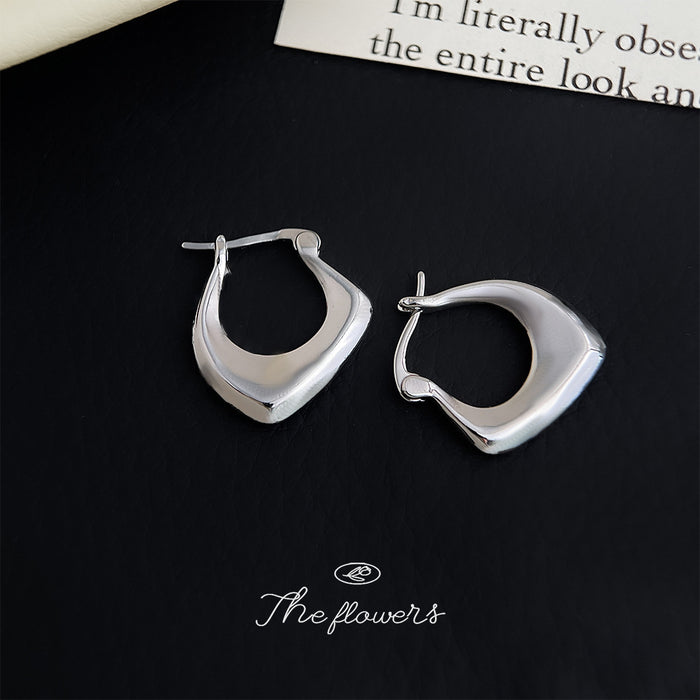 Silver Irregular Geometric Huggie Hoop Earrings Polished