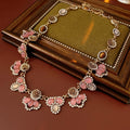 Antique Gold Pink Resin Flower Dangle Earrings and Necklace view 7