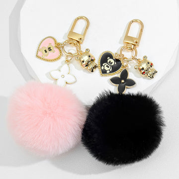 Fluffy Pom Pom Keychain With Heart Bear Charm And Flower Pendant