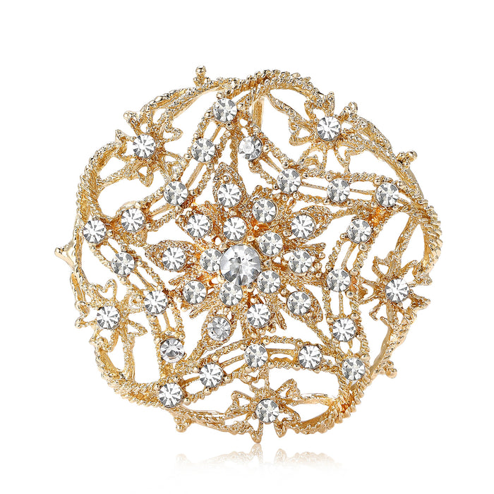 Openwork Nest Brooch in Metal with Interlaced Metal Branches and Colored Crystals