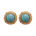 Gold Tone Round Blue Stone Stud Earrings with Textured Rims view 5