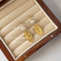 Matte Gold Cherub Medallion Drop Earrings Baroque Pearls view 4