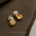 Gold Fluted Gourd Earrings Crystal Center Clip and Stud view 6
