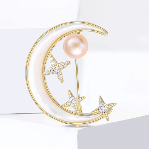 Angled display of Crescent Moon and Stars Pearl brooch