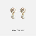 White Enamel Camellia Center Zircon Pearl Drop Stud Earrings view 3