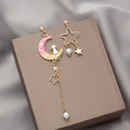 Blue and Pink Mismatched Moon Star Long Dangle Earrings view 3