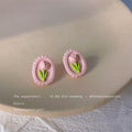 Pink Scalloped Oval Tulip Relief Stud Earrings Pair view 3