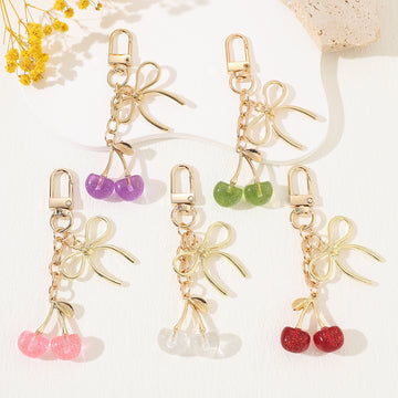 Glitter Resin Cherry Keychain with Gold-Tone Bow and Lobster Clasp