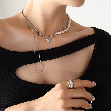 Silver Layered Pearl Heart Pendant Necklace Snake Tassel