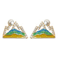 Gold Tone Mountain Enamel Pearl And Clear Stone Stud Earrings view 5