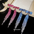 Crystal Bow Fringe Earrings in Pink and Blue with Crystal Accents view 3