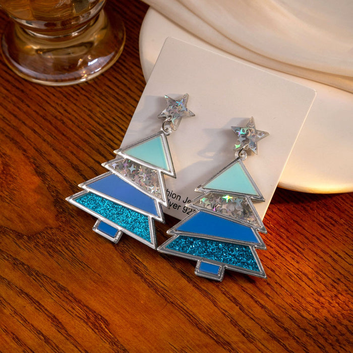 Blue Christmas Tree Star Earrings Glitter Acrylic Drop