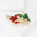 Red Crystal Lily Brooch With Green Leaves and Two Birds view 3