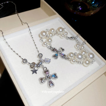 Silver Rhinestone Cross Pearl Bracelet Matching Cross Necklace
