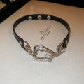 Black Leather Choker Silver Abstract Links Pearl Crystal view 6