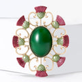 Green Oval Thistle Wreath Brooch with Burgundy Enamel Flowers view 2