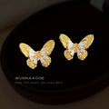 Gold Butterfly Stud Earrings Clear Baguette Crystal Accents view 4