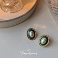 Oval Green Enamel Pearl Stud Earrings Gold Twisted Rope Border view 4