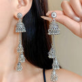 Long Bell and Chain Tassel Earrings in Gold and Silver Tones view 7