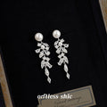 Silver Pearl Leaf Crystal Cascade Long Drop Earrings Pair view 4