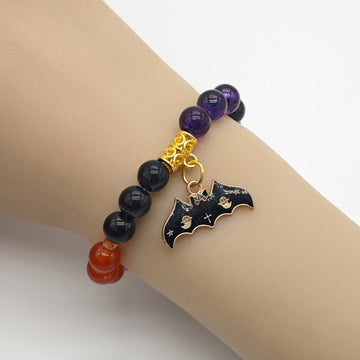Multicolor Bead Bat Charm Stretch Bracelet Gold Accents