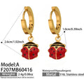 Red Enamel Ladybug Drop Hoop Earrings in Three Gold Tone Designs view 7