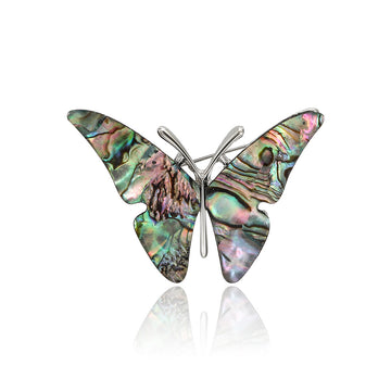 Iridescent Shell Butterfly Brooch With Silver Tone Crystal Body