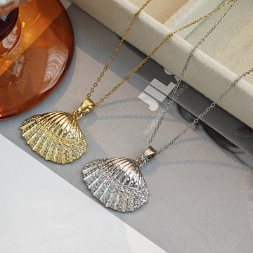 Clear Accent Scallop Shell Pendant Necklace In Two Tones