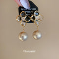 Clear Crystal Flower and Gray Pearl Drop Stud Earrings view 3