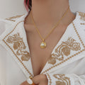 Gold Rope Chain Necklace with Spiral Disc Faux Pearl Pendant view 6