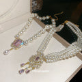 Layered Pearl Choker Necklace with Ornate Pink Crystal Pendant view 4