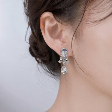 Clear Rectangle Bow and Teardrop Silver Dangle Earrings