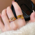 Gold Tone Asymmetrical Open Ring With Brown Oval And Yellow Crystal view 3