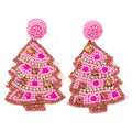 Beaded Christmas Tree Drop Earrings Rhinestone Sequin Pink Green view 5