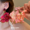 Fabric Rose Cluster Drop Earrings in Pink and Burgundy view 1