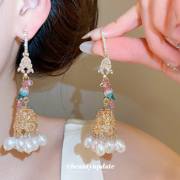 Gold Tone Parrot and Pearl Tassel Drop Earrings Jewelry Pair