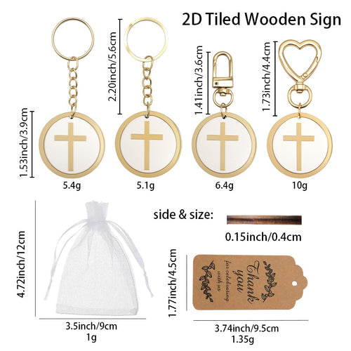 Size chart four wood cross disc hardware styles bag and kraft tag