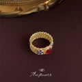 Gold Wide Band Ring Red Oval Cabochon Blue Enamel Flowers view 3