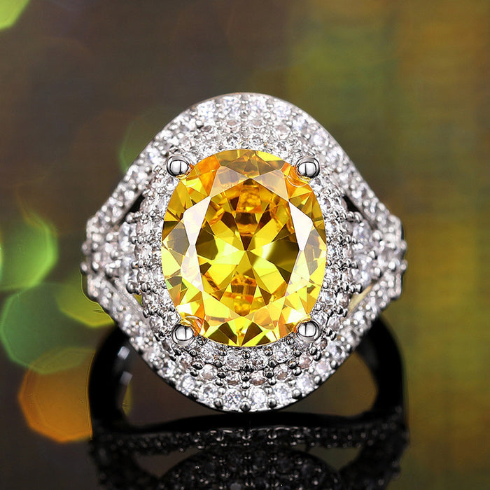 Silver Tone Yellow Oval Stone Pavé Wide Statement Ring