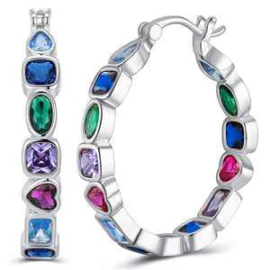 Multicolor Baguette Crystal Hoop Earrings in Silver Tone