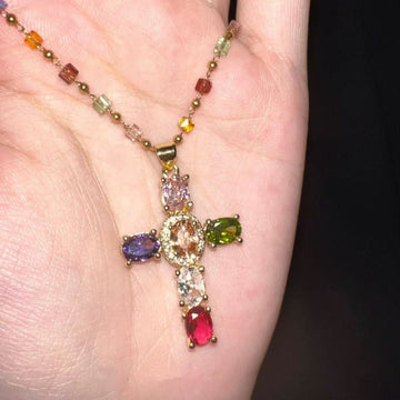 Gold Multicolor Zircon Cross Pendant Beaded Chain Necklace