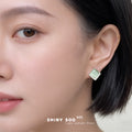 Silver Tone Pale Green Square Stone Clear Corner Halo Stud Earrings view 2