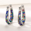 Silver Oval Rhinestone Hoop Earrings Four Color Styles view 2
