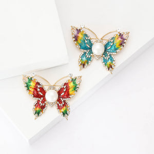 Gold Enamel Pearl Butterfly Brooch Crystal Wing Edges